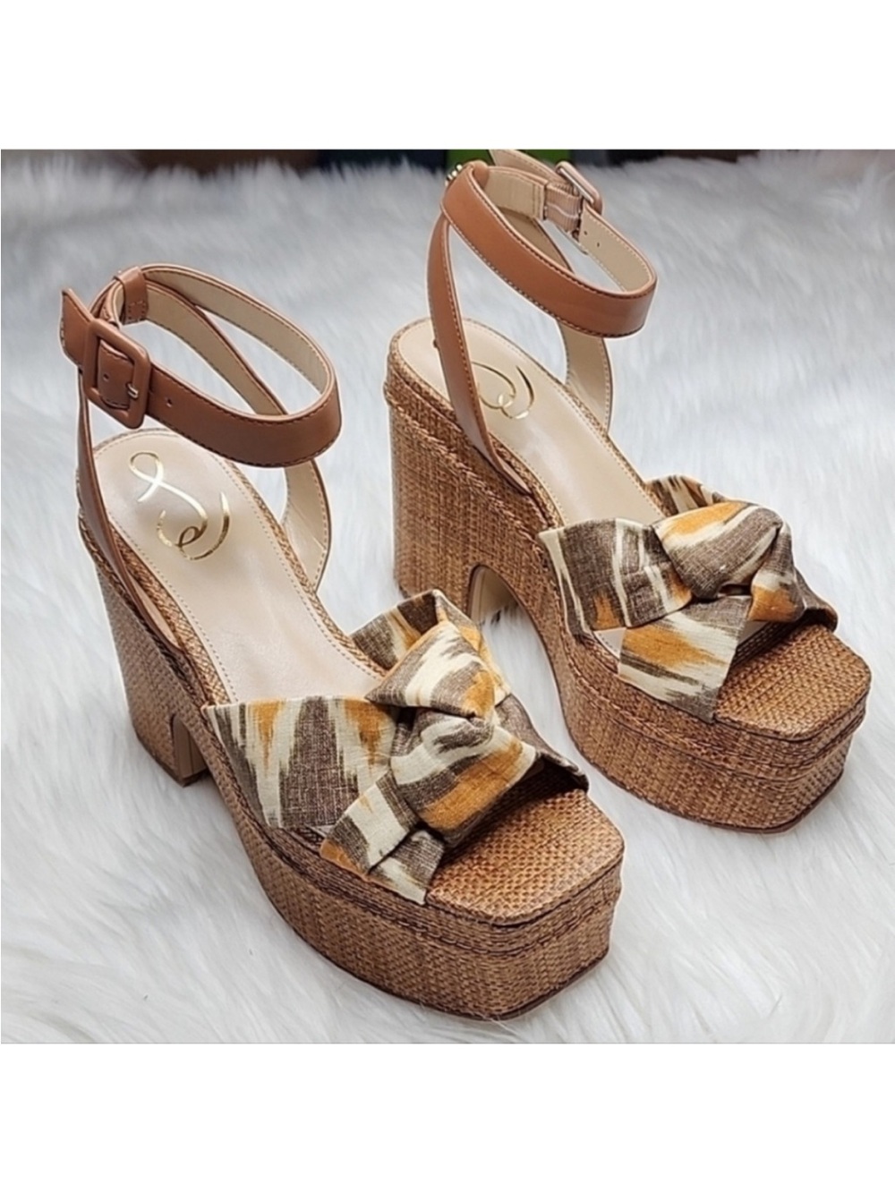 Sam Edelman Brown Woven Platform Sandals with Knotted Multicolor Strap